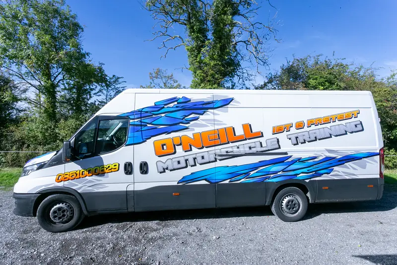 The O'Neill Motorcycle Training van, with the phone number 085 100 0629 on the side