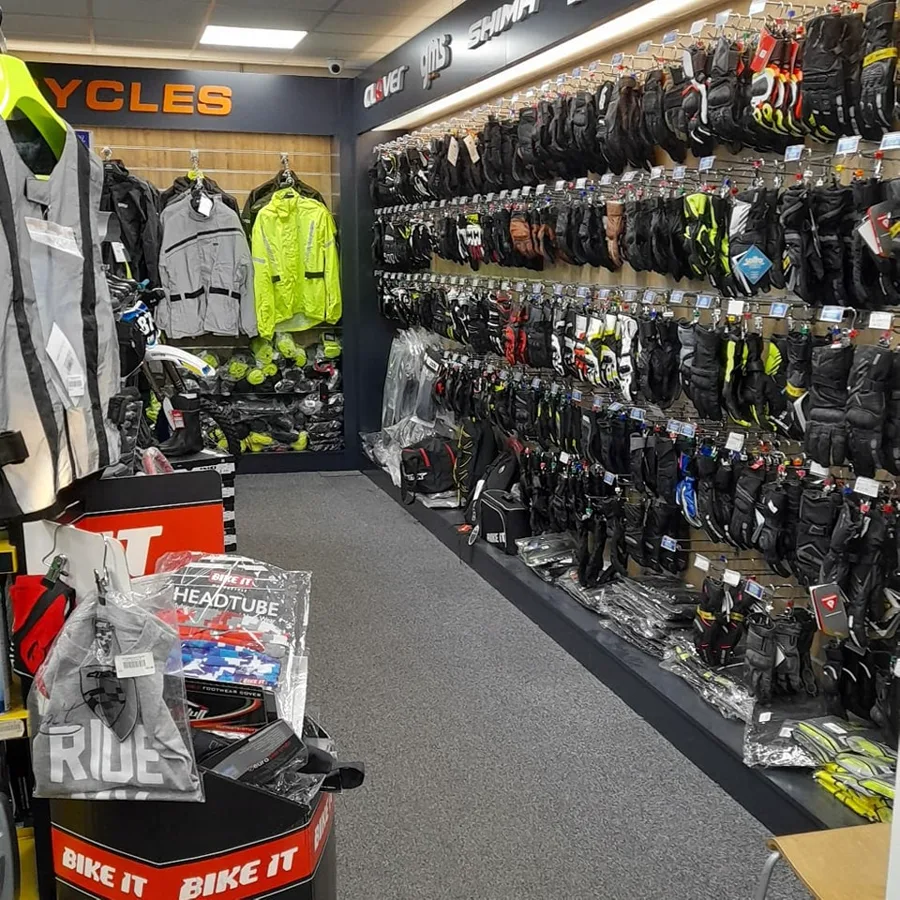 Racks of motorcycle jackets, gloves and helmets available to Meath Motorcycle Academy riders